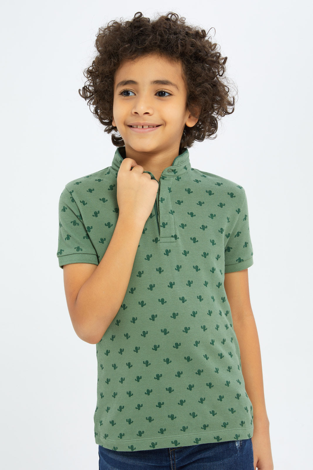 Redtag-Boys-Green-Cactus-Allover-Print-Stand-Up-Collar-Polo-Shirt-BOY-Polo-T-Shirts,-Category:Polo-T-Shirts,-Colour:Green,-Deals:New-In,-Filter:Boys-(2-to-8-Yrs),-New-In-BOY-APL,-Non-Sale,-S23C,-Section:Boys-(0-to-14Yrs),-TBL-Boys-2 to 8 Years