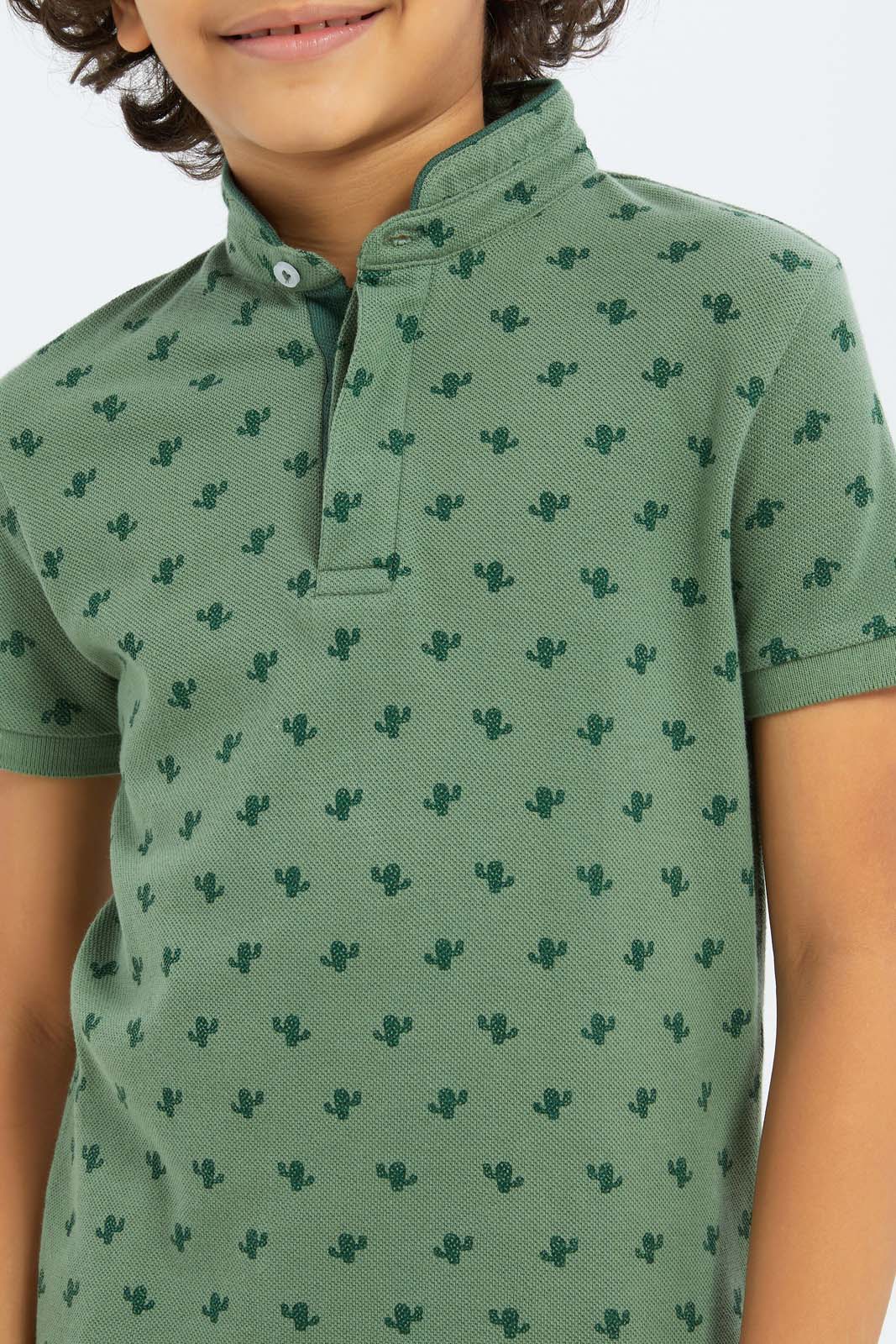 Redtag-Boys-Green-Cactus-Allover-Print-Stand-Up-Collar-Polo-Shirt-BOY-Polo-T-Shirts,-Category:Polo-T-Shirts,-Colour:Green,-Deals:New-In,-Filter:Boys-(2-to-8-Yrs),-New-In-BOY-APL,-Non-Sale,-S23C,-Section:Boys-(0-to-14Yrs),-TBL-Boys-2 to 8 Years