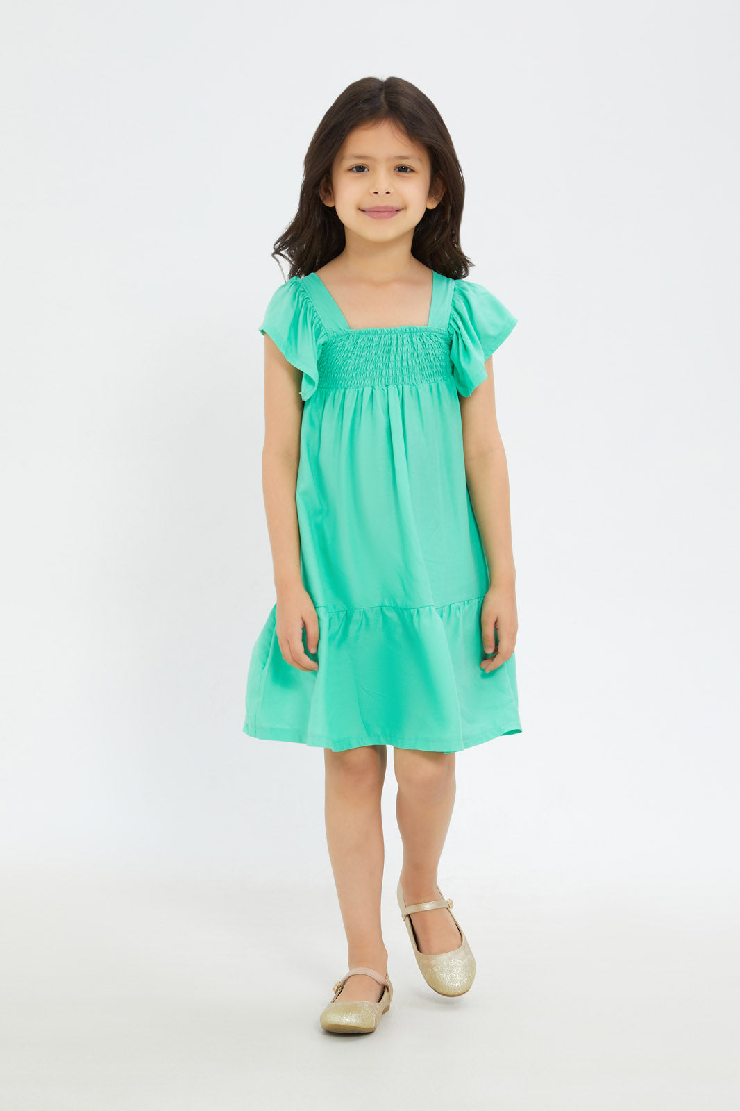 Redtag-Girls-Sleeveless-Shirred-Rufflee-Dress---Sage-Category:Dresses,-Colour:Green,-Deals:New-In,-Filter:Girls-(2-to-8-Yrs),-GIR-Dresses,-H1:KWR,-H2:GIR,-H3:DRS,-H4:CAD,-New-In-GIR-APL,-Non-Sale,-S23C,-Season:S23C,-Section:Girls-(0-to-14Yrs)-Girls-2 to 8 Years