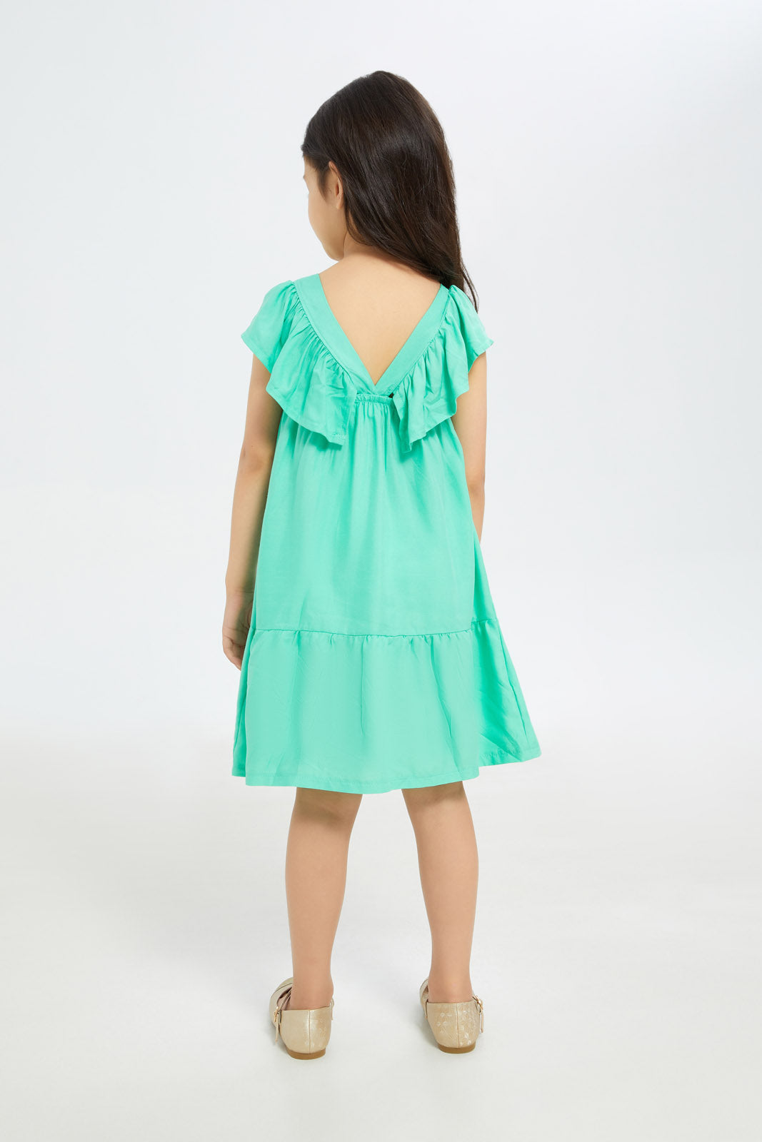 Redtag-Girls-Sleeveless-Shirred-Rufflee-Dress---Sage-Category:Dresses,-Colour:Green,-Deals:New-In,-Filter:Girls-(2-to-8-Yrs),-GIR-Dresses,-H1:KWR,-H2:GIR,-H3:DRS,-H4:CAD,-New-In-GIR-APL,-Non-Sale,-S23C,-Season:S23C,-Section:Girls-(0-to-14Yrs)-Girls-2 to 8 Years