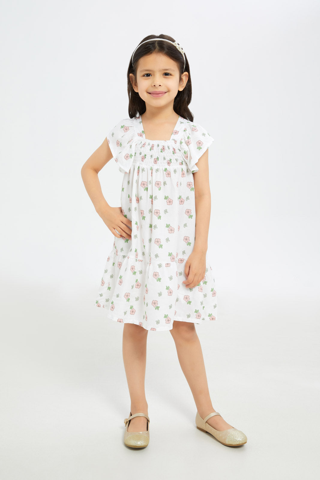 Redtag-Girls-Sleeveless-Shirred-Ruffle-Dress-Cream-Pink-Floral-Category:Dresses,-Colour:Cream,-Deals:New-In,-Filter:Girls-(2-to-8-Yrs),-GIR-Dresses,-H1:KWR,-H2:GIR,-H3:DRS,-H4:CAD,-New-In-GIR-APL,-Non-Sale,-S23C,-Season:S23C,-Section:Girls-(0-to-14Yrs)-Girls-2 to 8 Years