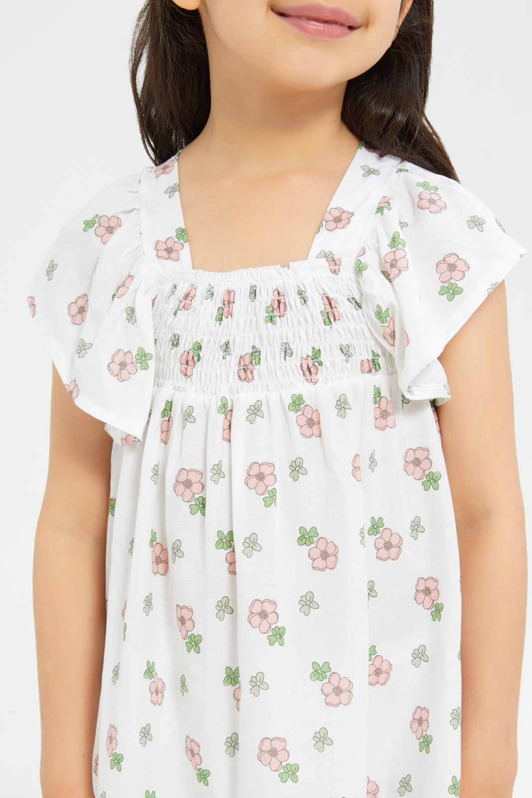 Redtag-Girls-Sleeveless-Shirred-Ruffle-Dress-Cream-Pink-Floral-Category:Dresses,-Colour:Cream,-Deals:New-In,-Filter:Girls-(2-to-8-Yrs),-GIR-Dresses,-H1:KWR,-H2:GIR,-H3:DRS,-H4:CAD,-New-In-GIR-APL,-Non-Sale,-S23C,-Season:S23C,-Section:Girls-(0-to-14Yrs)-Girls-2 to 8 Years