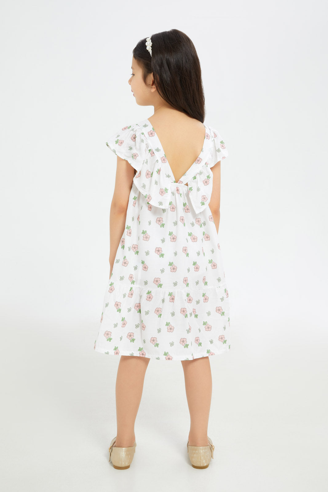 Redtag-Girls-Sleeveless-Shirred-Ruffle-Dress-Cream-Pink-Floral-Category:Dresses,-Colour:Cream,-Deals:New-In,-Filter:Girls-(2-to-8-Yrs),-GIR-Dresses,-H1:KWR,-H2:GIR,-H3:DRS,-H4:CAD,-New-In-GIR-APL,-Non-Sale,-S23C,-Season:S23C,-Section:Girls-(0-to-14Yrs)-Girls-2 to 8 Years