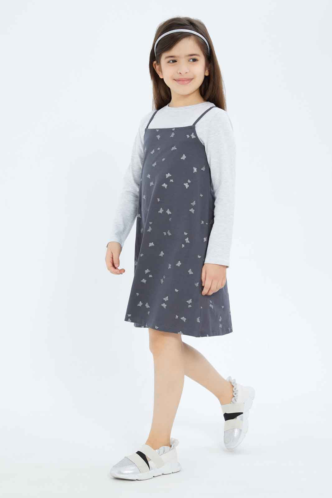 Redtag-Girls-Denim-Pinni---Coral-Floral-Tee-Category:Dresses,-Colour:Orange,-Deals:New-In,-Filter:Girls-(2-to-8-Yrs),-GIR-Dresses,-New-In-GIR-APL,-Non-Sale,-S23B,-Section:Girls-(0-to-14Yrs)-Girls-2 to 8 Years