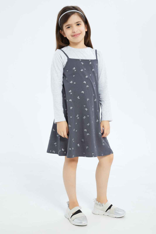 Redtag-Girls-Denim-Pinni---Coral-Floral-Tee-Category:Dresses,-Colour:Orange,-Deals:New-In,-Filter:Girls-(2-to-8-Yrs),-GIR-Dresses,-New-In-GIR-APL,-Non-Sale,-S23B,-Section:Girls-(0-to-14Yrs)-Girls-2 to 8 Years