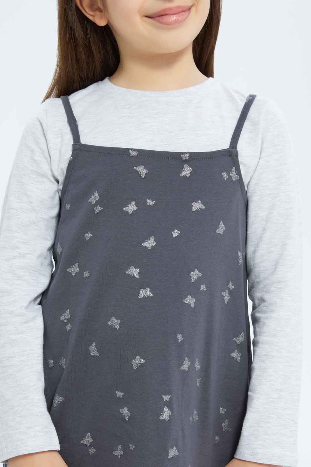 Redtag-Girls-Denim-Pinni---Coral-Floral-Tee-Category:Dresses,-Colour:Orange,-Deals:New-In,-Filter:Girls-(2-to-8-Yrs),-GIR-Dresses,-New-In-GIR-APL,-Non-Sale,-S23B,-Section:Girls-(0-to-14Yrs)-Girls-2 to 8 Years