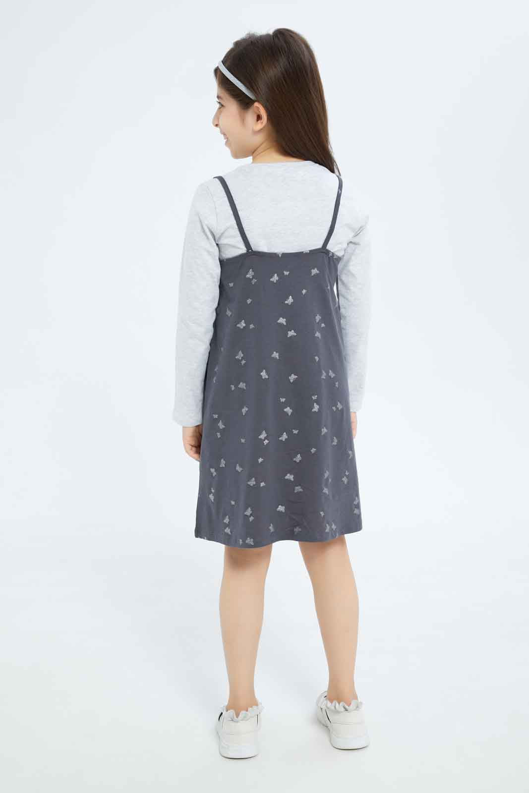 Redtag-Girls-Denim-Pinni---Coral-Floral-Tee-Category:Dresses,-Colour:Orange,-Deals:New-In,-Filter:Girls-(2-to-8-Yrs),-GIR-Dresses,-New-In-GIR-APL,-Non-Sale,-S23B,-Section:Girls-(0-to-14Yrs)-Girls-2 to 8 Years