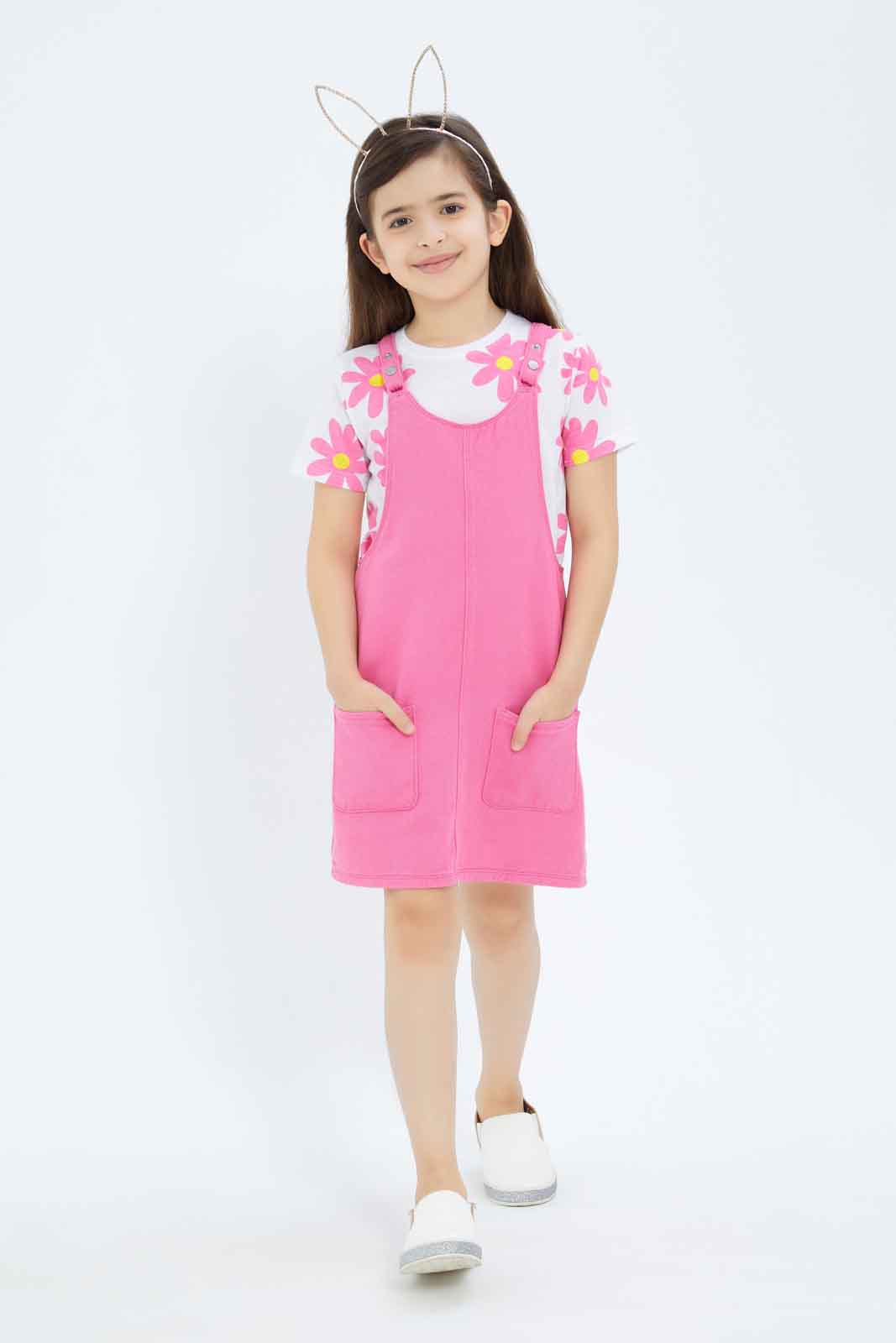Redtag-Girls-Pinni-Pink---Sunflowers-Category:Dresses,-Colour:Apricot,-Deals:New-In,-Filter:Girls-(2-to-8-Yrs),-GIR-Dresses,-New-In-GIR-APL,-Non-Sale,-S23B,-Section:Girls-(0-to-14Yrs)-Girls-2 to 8 Years