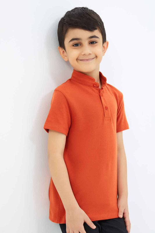 Redtag-Boys-Orange-Collar-Stand-Polo-BOY-Polo-T-Shirts,-Category:Polo-T-Shirts,-Colour:Orange,-Deals:New-In,-Filter:Boys-(2-to-8-Yrs),-New-In-BOY-APL,-Non-Sale,-S23C,-Section:Boys-(0-to-14Yrs),-VLM-Boys-2 to 8 Years