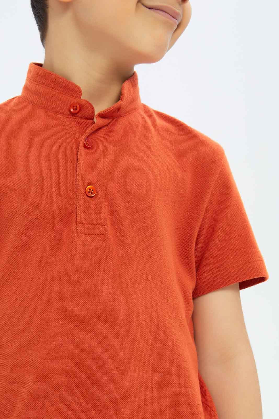 Redtag-Boys-Orange-Collar-Stand-Polo-BOY-Polo-T-Shirts,-Category:Polo-T-Shirts,-Colour:Orange,-Deals:New-In,-Filter:Boys-(2-to-8-Yrs),-New-In-BOY-APL,-Non-Sale,-S23C,-Section:Boys-(0-to-14Yrs),-VLM-Boys-2 to 8 Years