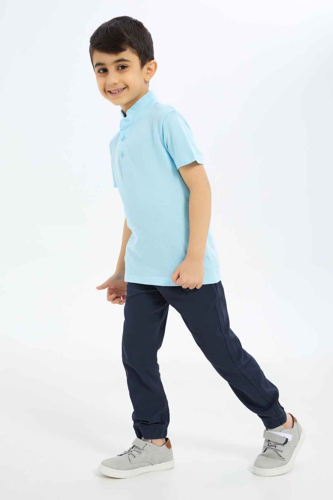 Redtag-Boys-Pale-Blue-Collar-Stand-Polo-BOY-Polo-T-Shirts,-Category:Polo-T-Shirts,-Colour:Blue,-Deals:New-In,-Filter:Boys-(2-to-8-Yrs),-New-In-BOY-APL,-Non-Sale,-S23C,-Section:Boys-(0-to-14Yrs),-VLM-Boys-2 to 8 Years