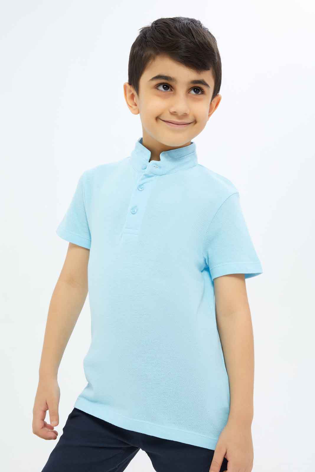 Redtag-Boys-Pale-Blue-Collar-Stand-Polo-BOY-Polo-T-Shirts,-Category:Polo-T-Shirts,-Colour:Blue,-Deals:New-In,-Filter:Boys-(2-to-8-Yrs),-New-In-BOY-APL,-Non-Sale,-S23C,-Section:Boys-(0-to-14Yrs),-VLM-Boys-2 to 8 Years