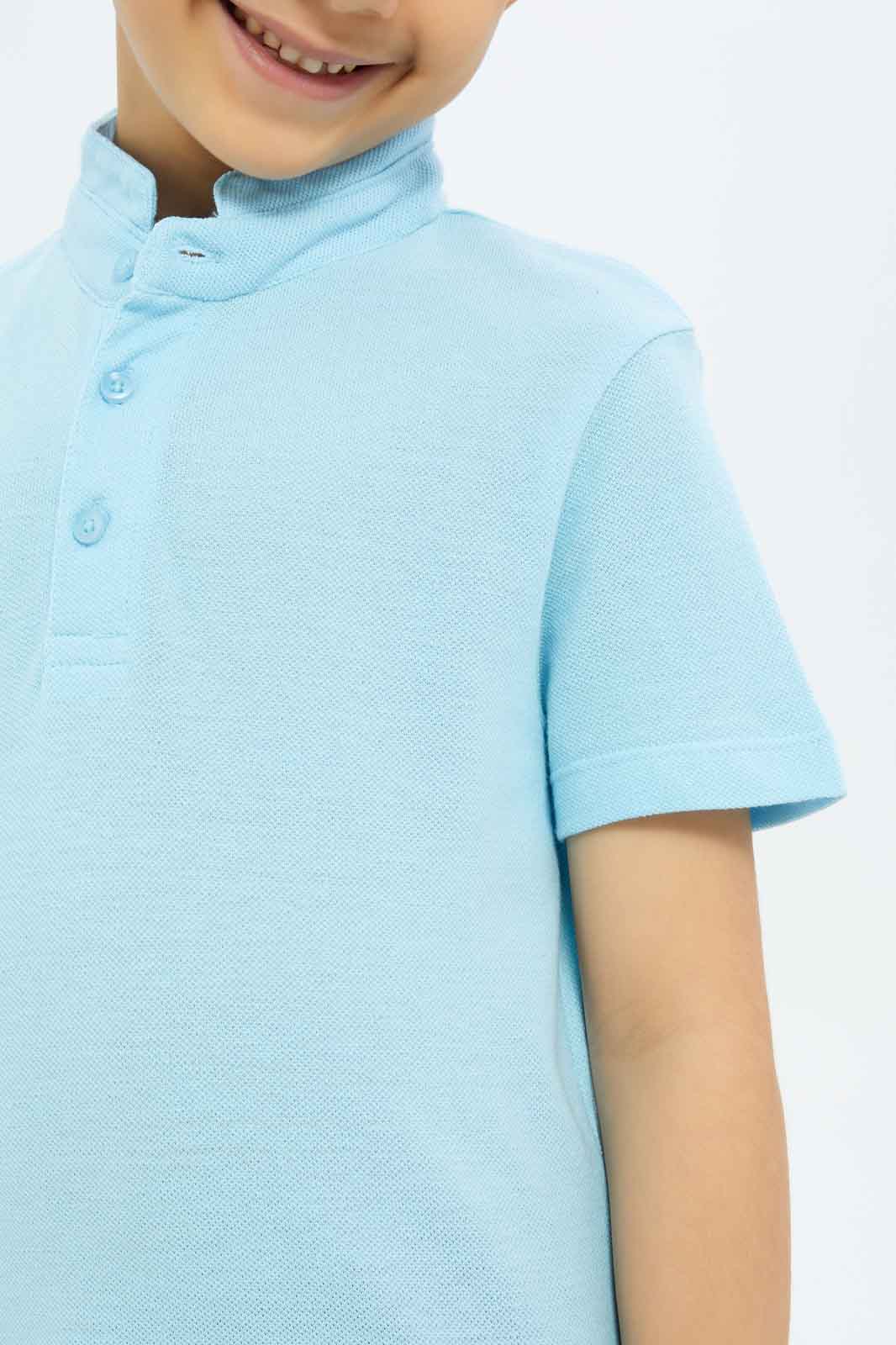 Redtag-Boys-Pale-Blue-Collar-Stand-Polo-BOY-Polo-T-Shirts,-Category:Polo-T-Shirts,-Colour:Blue,-Deals:New-In,-Filter:Boys-(2-to-8-Yrs),-New-In-BOY-APL,-Non-Sale,-S23C,-Section:Boys-(0-to-14Yrs),-VLM-Boys-2 to 8 Years