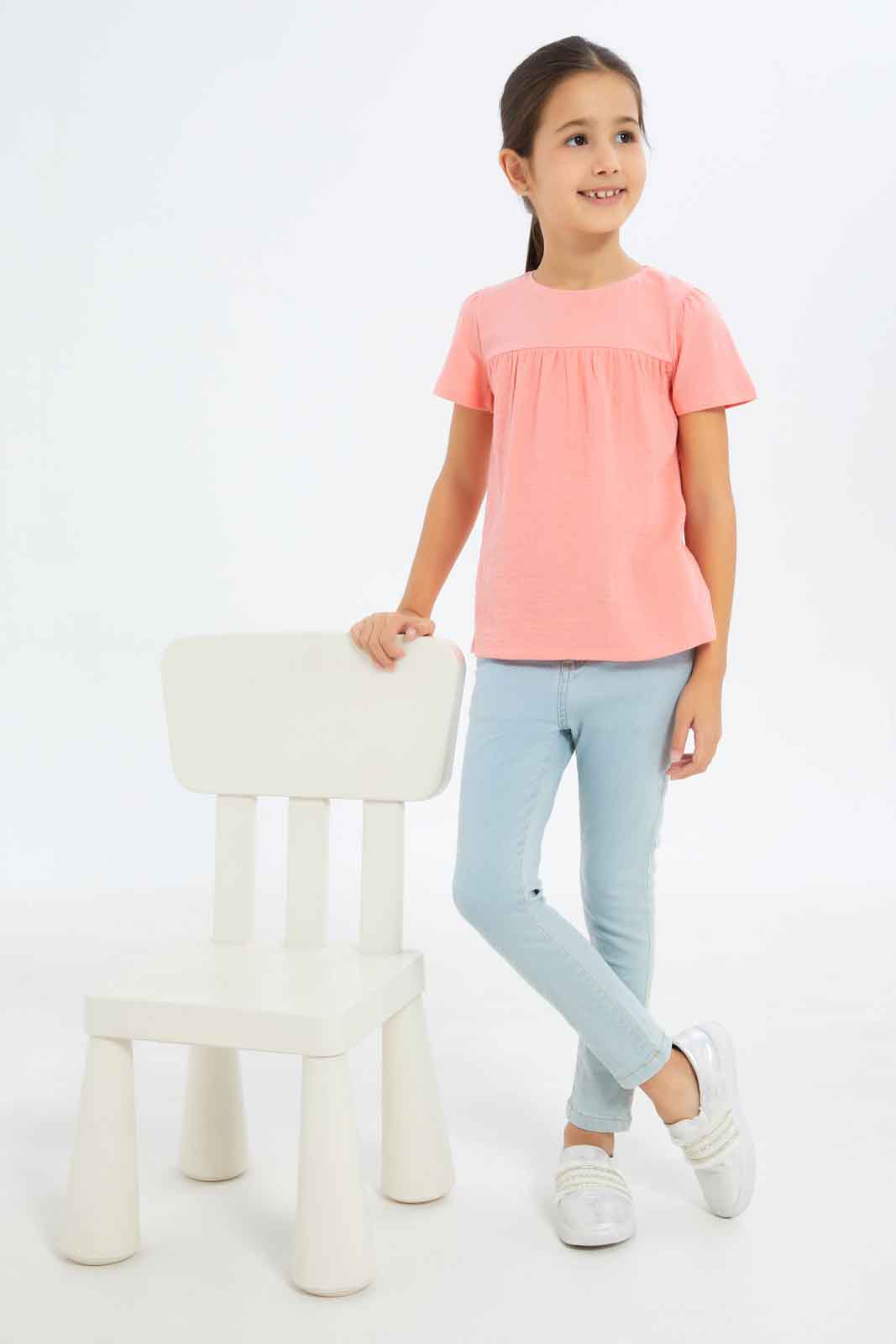 Redtag-Girls-Knit-Cheesecloth-Jersey-Top---Coral-Category:Jackets,-Colour:Apricot,-Deals:New-In,-Filter:Girls-(2-to-8-Yrs),-GIR-Jackets,-New-In-GIR-APL,-Non-Sale,-S23B,-Section:Girls-(0-to-14Yrs)--
