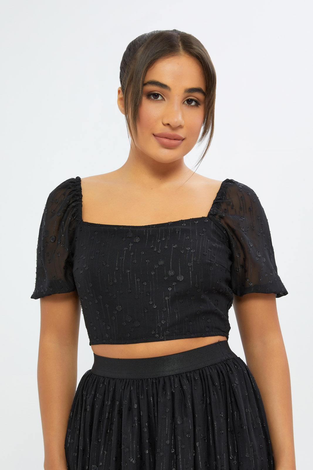 Redtag-Women-Black-Metallic-Puff-Slv-Crop-Top-Category:Blouses,-Colour:Black,-Deals:New-In,-Event:RMD,-Filter:Women's-Clothing,-H1:LWR,-H2:LAD,-H3:BLO,-H4:CBL,-New-In-Women-APL,-Non-Sale,-Promo:RMD,-RMD,-S23C,-Season:S23C,-Section:Women,-Women-Blouses-Women's-