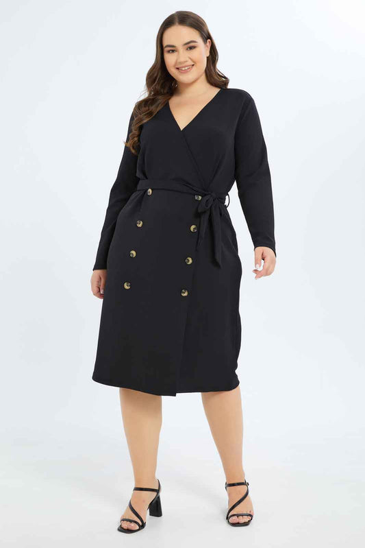 Redtag-Women-Black-Wrap-Dress-With-Belt-Category:Dresses,-Colour:Black,-Deals:New-In,-Filter:Plus-Size,-LDP-Dresses,-New-In-LDP-APL,-Non-Sale,-S23B,-Section:Women-Women's-
