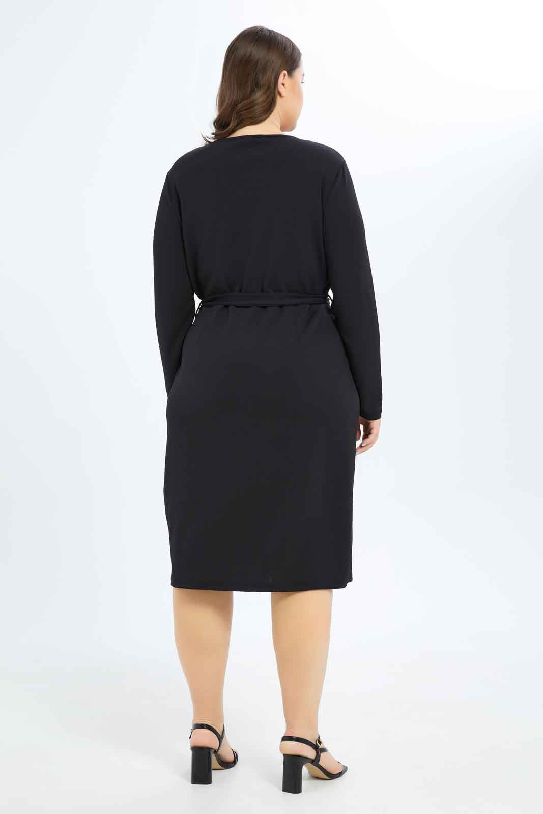 Redtag-Women-Black-Wrap-Dress-With-Belt-Category:Dresses,-Colour:Black,-Deals:New-In,-Filter:Plus-Size,-LDP-Dresses,-New-In-LDP-APL,-Non-Sale,-S23B,-Section:Women-Women's-