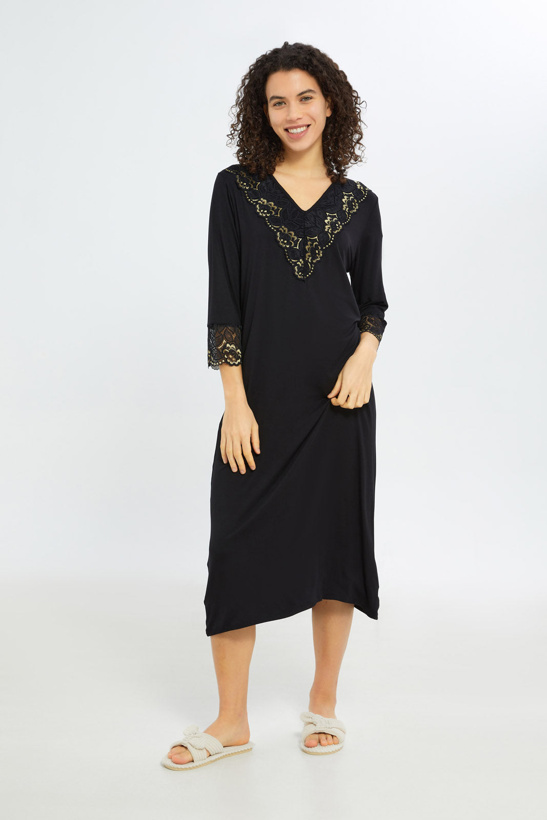 Redtag-Women-Black-Gold-Longsleeves-Nightgown-With-Lace-Category:Nightgowns,-Colour:Black,-Deals:New-In,-Filter:Women's-Clothing,-H1:LWR,-H2:LDN,-H3:NWR,-H4:NGN,-New-In-Women-APL,-Non-Sale,-RMD,-S23C,-Season:S23C,-Section:Women,-Women-Nightgowns--