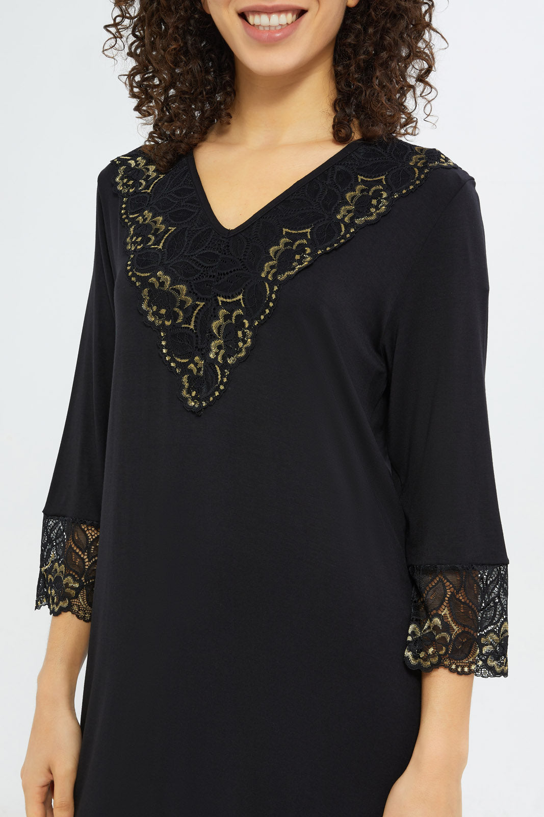 Redtag-Women-Black-Gold-Longsleeves-Nightgown-With-Lace-Category:Nightgowns,-Colour:Black,-Deals:New-In,-Filter:Women's-Clothing,-H1:LWR,-H2:LDN,-H3:NWR,-H4:NGN,-New-In-Women-APL,-Non-Sale,-RMD,-S23C,-Season:S23C,-Section:Women,-Women-Nightgowns--
