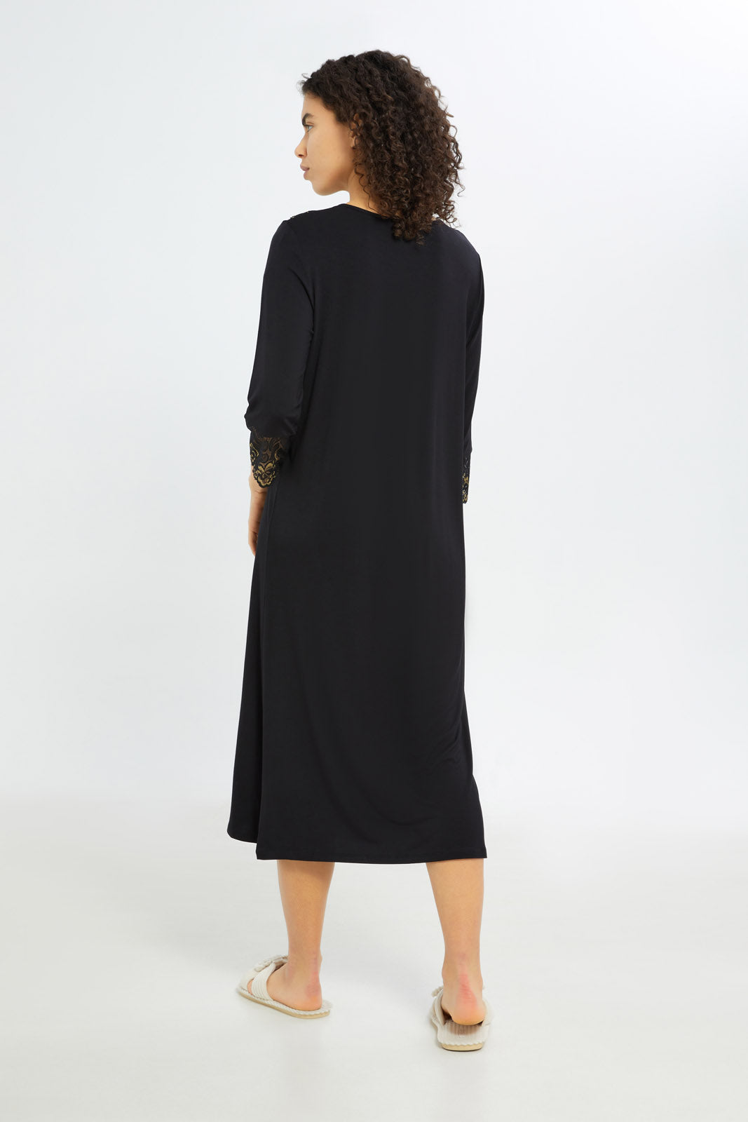 Redtag-Women-Black-Gold-Longsleeves-Nightgown-With-Lace-Category:Nightgowns,-Colour:Black,-Deals:New-In,-Filter:Women's-Clothing,-H1:LWR,-H2:LDN,-H3:NWR,-H4:NGN,-New-In-Women-APL,-Non-Sale,-RMD,-S23C,-Season:S23C,-Section:Women,-Women-Nightgowns--