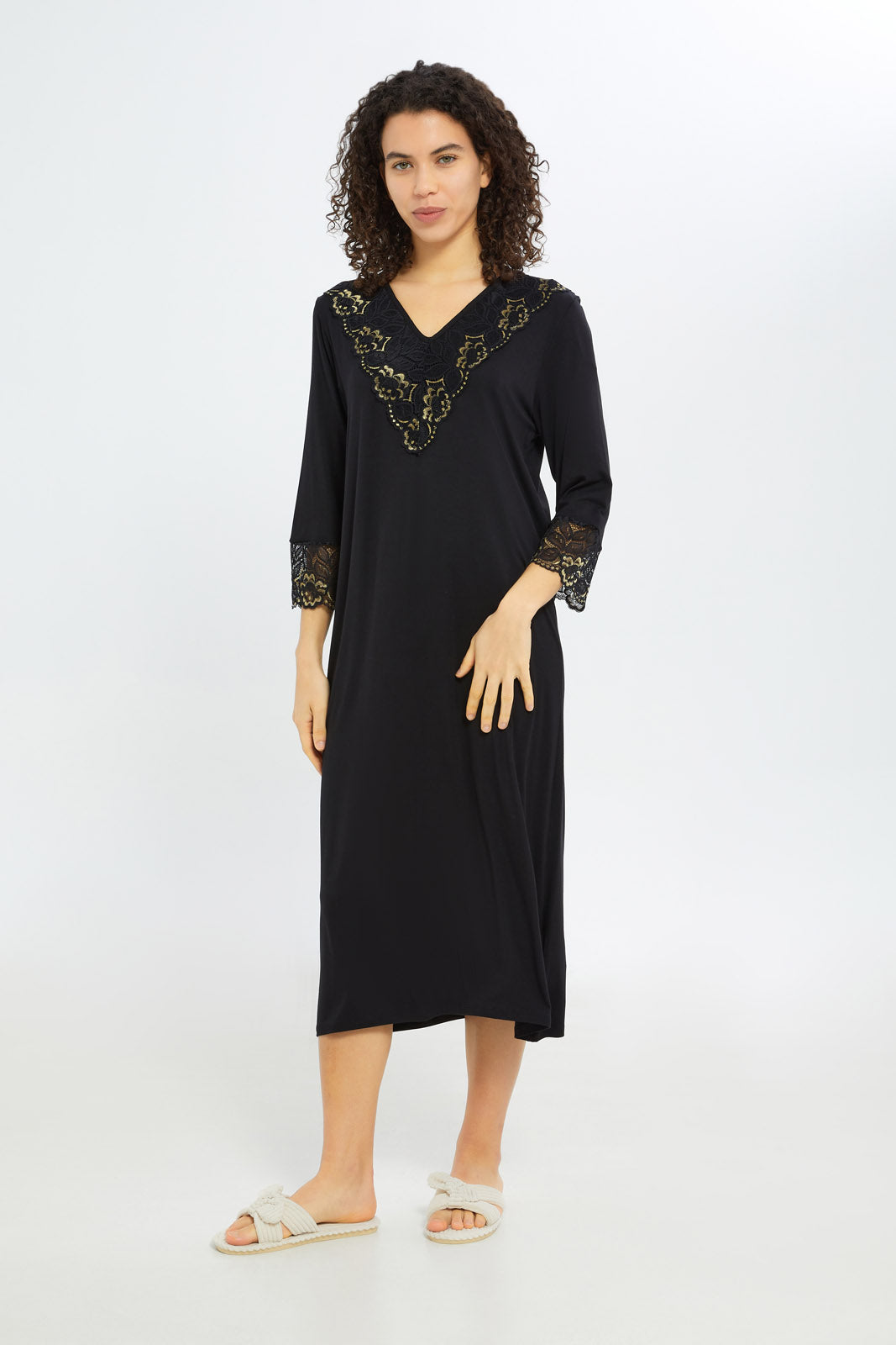 Redtag-Women-Black-Gold-Longsleeves-Nightgown-With-Lace-Category:Nightgowns,-Colour:Black,-Deals:New-In,-Filter:Women's-Clothing,-H1:LWR,-H2:LDN,-H3:NWR,-H4:NGN,-New-In-Women-APL,-Non-Sale,-RMD,-S23C,-Season:S23C,-Section:Women,-Women-Nightgowns--