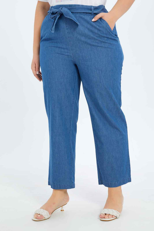 Redtag-Women-Blue-Wide-Leg-Denim-Pant-With-Self-Belt-Category:Jeans,-Colour:Denim,-Deals:New-In,-Filter:Plus-Size,-LDP-Jeans,-New-In-LDP-APL,-Non-Sale,-S23B,-Section:Women-Women's-