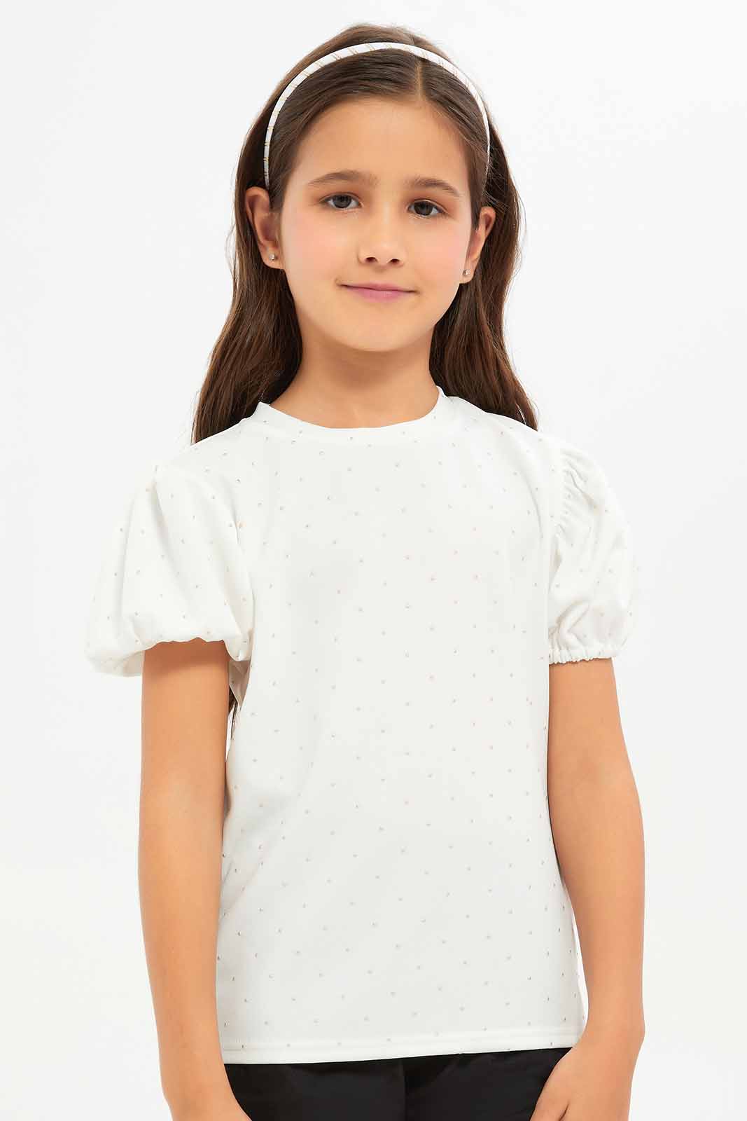 Redtag-Girls-White-Crepe-Glitter-Puff-Sleeve-Blouse-Category:Jackets,-Colour:White,-Deals:New-In,-Filter:Girls-(2-to-8-Yrs),-GIR-Jackets,-New-In-GIR-APL,-Non-Sale,-RMD,-S23D,-Section:Girls-(0-to-14Yrs)--