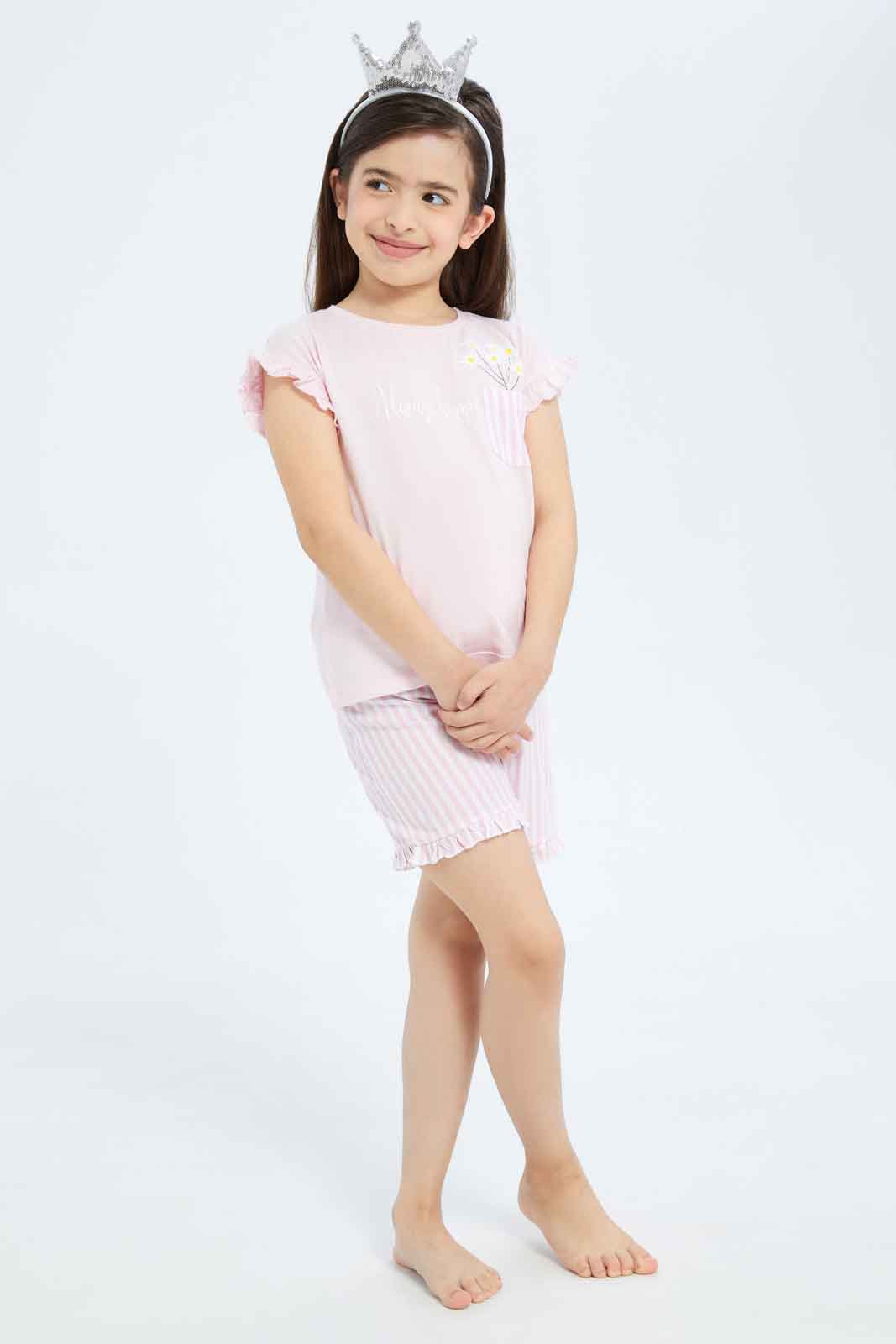 Redtag-Girls-Pink-Floral-Short-Pj-Set-Category:Pyjama-Sets,-Colour:Apricot,-Deals:New-In,-Filter:Girls-(2-to-8-Yrs),-GIR-Pyjama-Sets,-New-In-GIR-APL,-Non-Sale,-S23B,-Section:Girls-(0-to-14Yrs)-Girls-2 to 8 Years