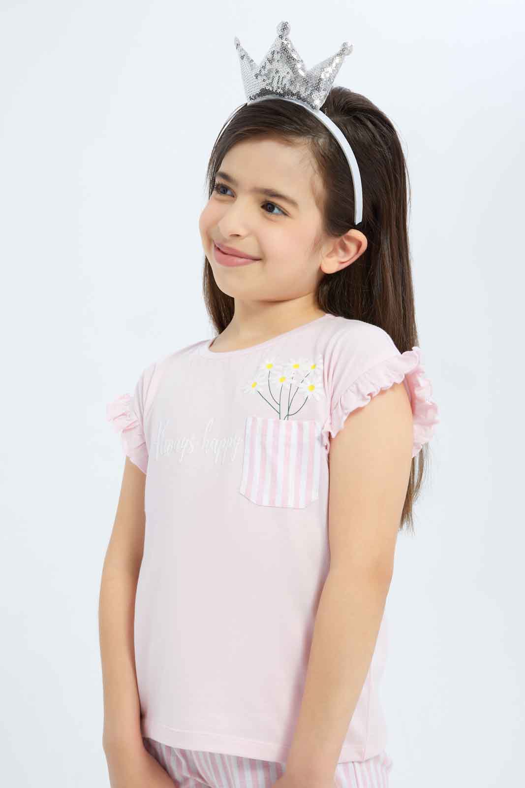Redtag-Girls-Pink-Floral-Short-Pj-Set-Category:Pyjama-Sets,-Colour:Apricot,-Deals:New-In,-Filter:Girls-(2-to-8-Yrs),-GIR-Pyjama-Sets,-New-In-GIR-APL,-Non-Sale,-S23B,-Section:Girls-(0-to-14Yrs)-Girls-2 to 8 Years