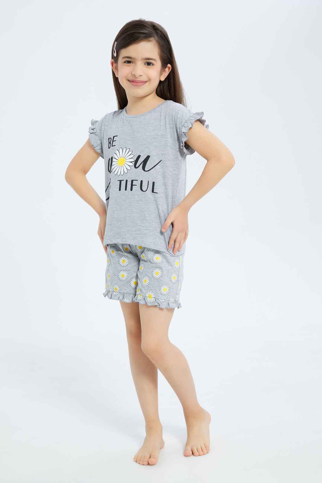 Redtag-Girls-Grey-Floral-Short-Pj-Set-Category:Pyjama-Sets,-Colour:Grey,-Deals:New-In,-Filter:Girls-(2-to-8-Yrs),-GIR-Pyjama-Sets,-New-In-GIR-APL,-Non-Sale,-S23B,-Section:Girls-(0-to-14Yrs)-Girls-2 to 8 Years