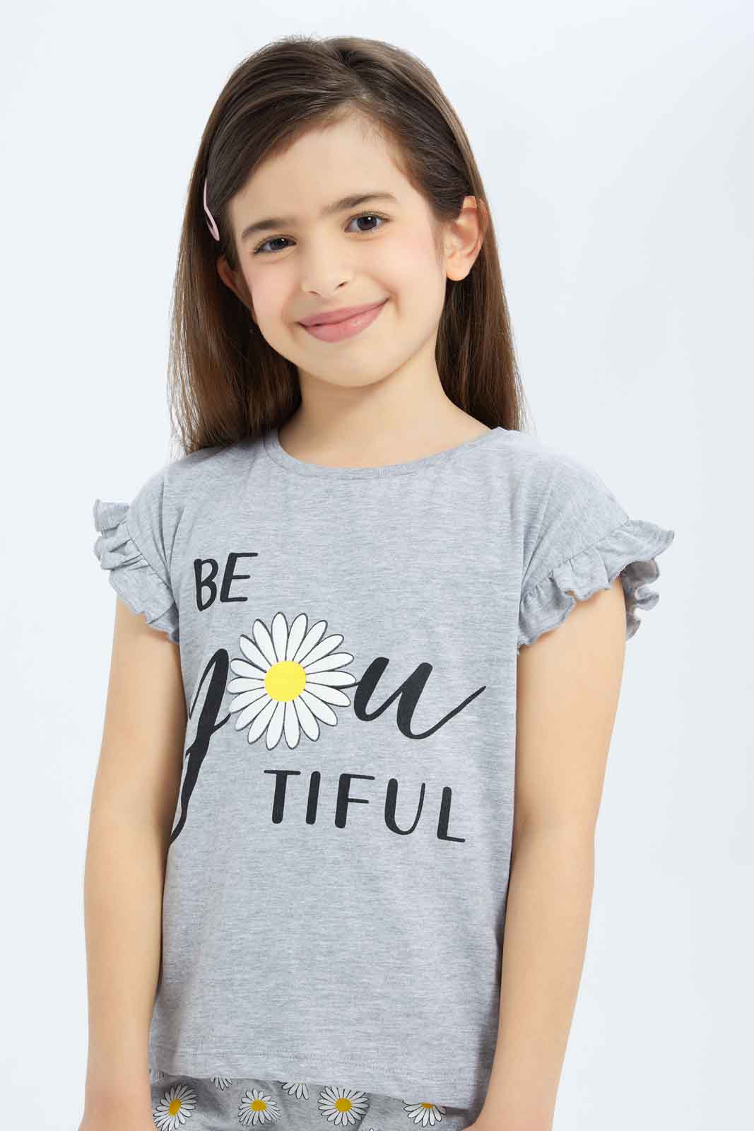 Redtag-Girls-Grey-Floral-Short-Pj-Set-Category:Pyjama-Sets,-Colour:Grey,-Deals:New-In,-Filter:Girls-(2-to-8-Yrs),-GIR-Pyjama-Sets,-New-In-GIR-APL,-Non-Sale,-S23B,-Section:Girls-(0-to-14Yrs)-Girls-2 to 8 Years