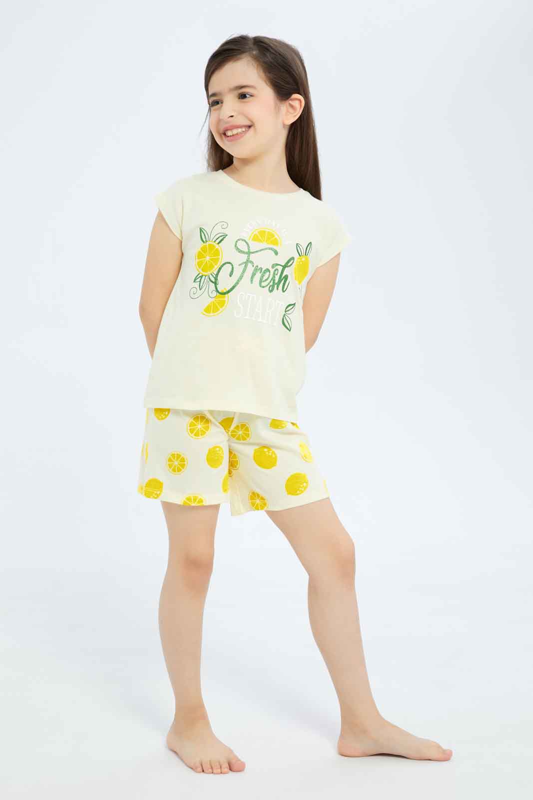 Redtag-Girls-Yellow-Lemon-Short-Pj-Set-Category:Pyjama-Sets,-Colour:Yellow,-Deals:New-In,-Filter:Girls-(2-to-8-Yrs),-GIR-Pyjama-Sets,-New-In-GIR-APL,-Non-Sale,-S23B,-Section:Girls-(0-to-14Yrs)-Girls-2 to 8 Years