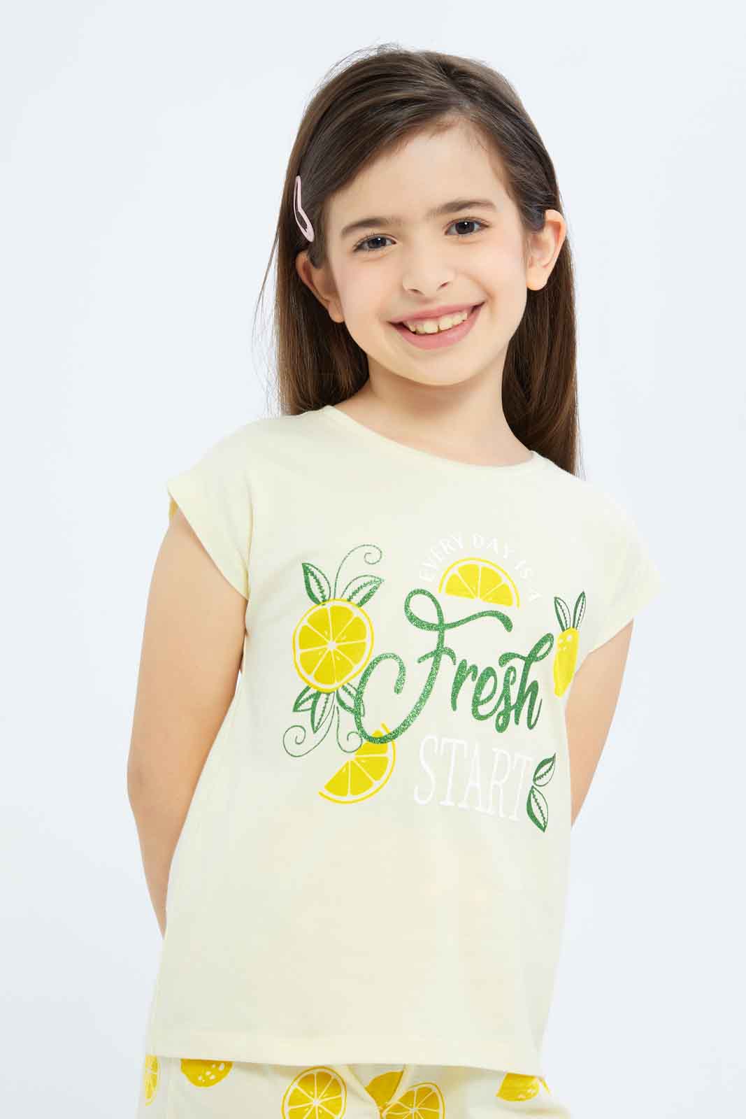 Redtag-Girls-Yellow-Lemon-Short-Pj-Set-Category:Pyjama-Sets,-Colour:Yellow,-Deals:New-In,-Filter:Girls-(2-to-8-Yrs),-GIR-Pyjama-Sets,-New-In-GIR-APL,-Non-Sale,-S23B,-Section:Girls-(0-to-14Yrs)-Girls-2 to 8 Years