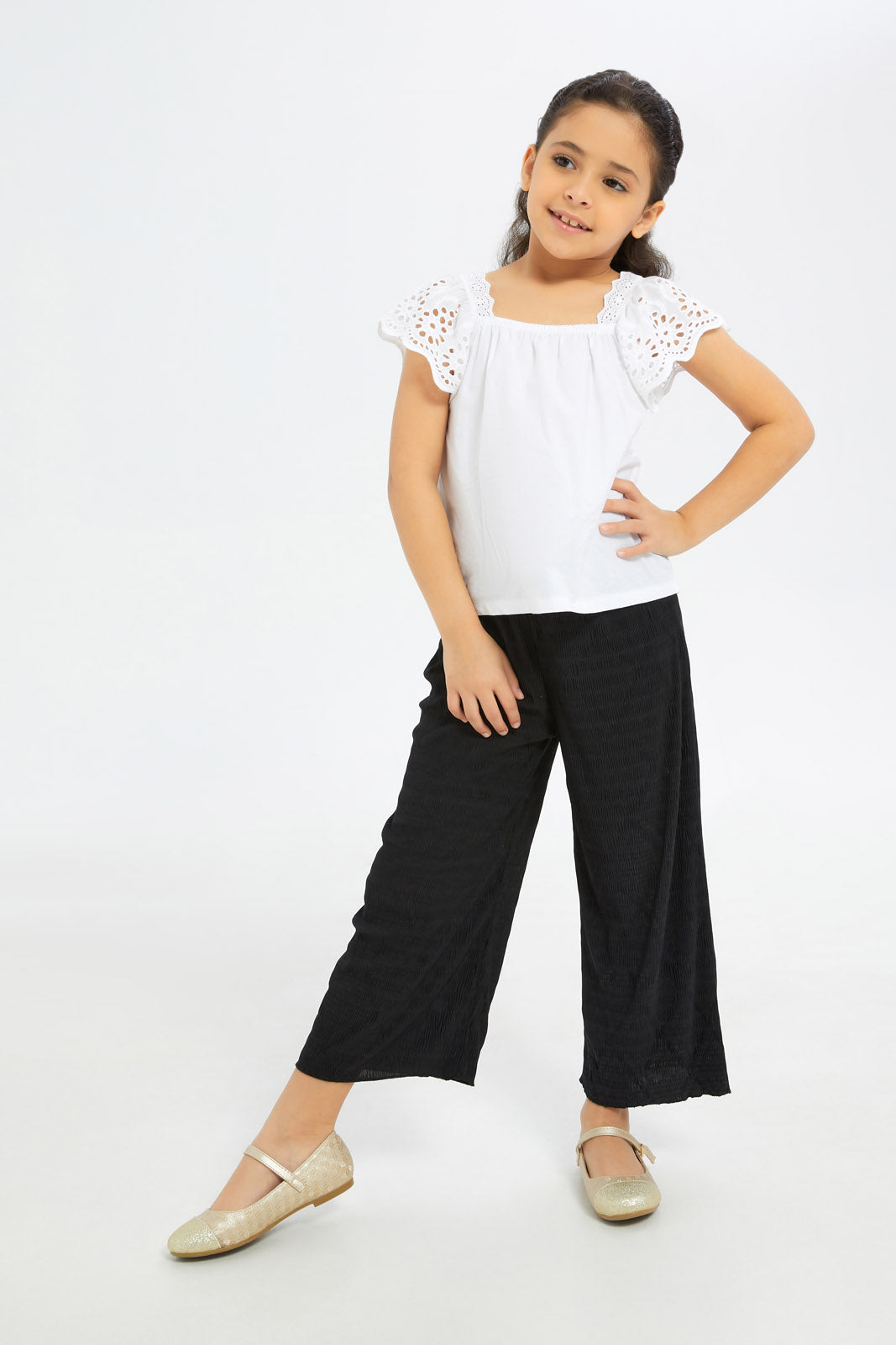 Redtag-Girls-Black-Crinkled-Trouser-Category:Trousers,-Colour:Black,-Deals:New-In,-Filter:Girls-(2-to-8-Yrs),-GIR-Trousers,-H1:KWR,-H2:GIR,-H3:TRS,-H4:CTR,-New-In-GIR-APL,-Non-Sale,-S23B,-Season:S23B,-Section:Girls-(0-to-14Yrs)-Girls-2 to 8 Years