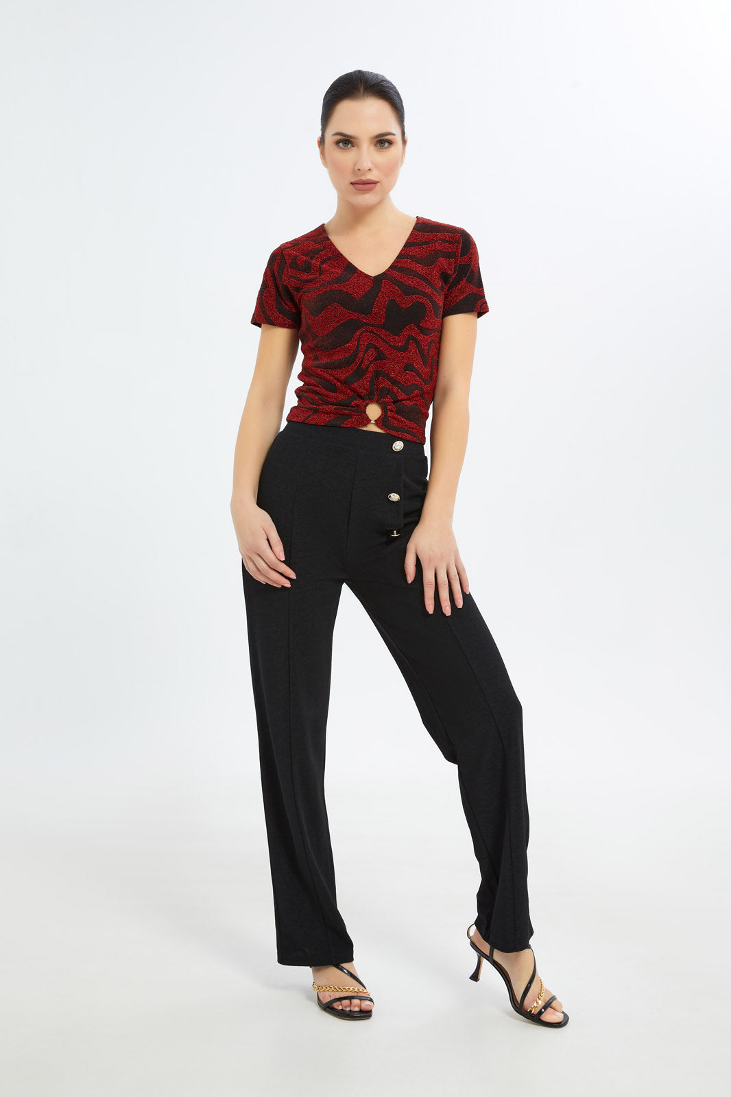 Redtag-Women-Red/Black-V-Neck-Lurex-Top-Category:Tops,-Colour:Assorted,-Deals:New-In,-Filter:Women's-Clothing,-H1:LWR,-H2:LEC,-H3:JYT,-H4:FJT,-LEC,-LEC-Tops,-New-In-LEC-APL,-Non-Sale,-S23C,-Season:S23C,-Section:Women-Women's-