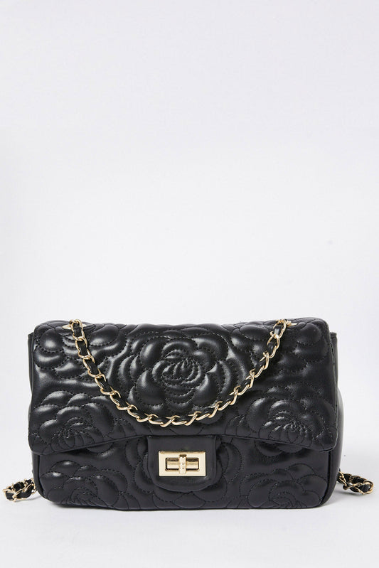 Redtag-Black-Floral-Quliting-Crossbody-Bag-Category:Bags,-Colour:Black,-Filter:Women's-Accessories,-H1:ACC,-H2:LAD,-H3:LAB,-H4:HBG,-New-In,-New-In-Women-ACC,-Non-Sale,-S23B,-Season:S23B,-Section:Women,-Women-Bags-Women-