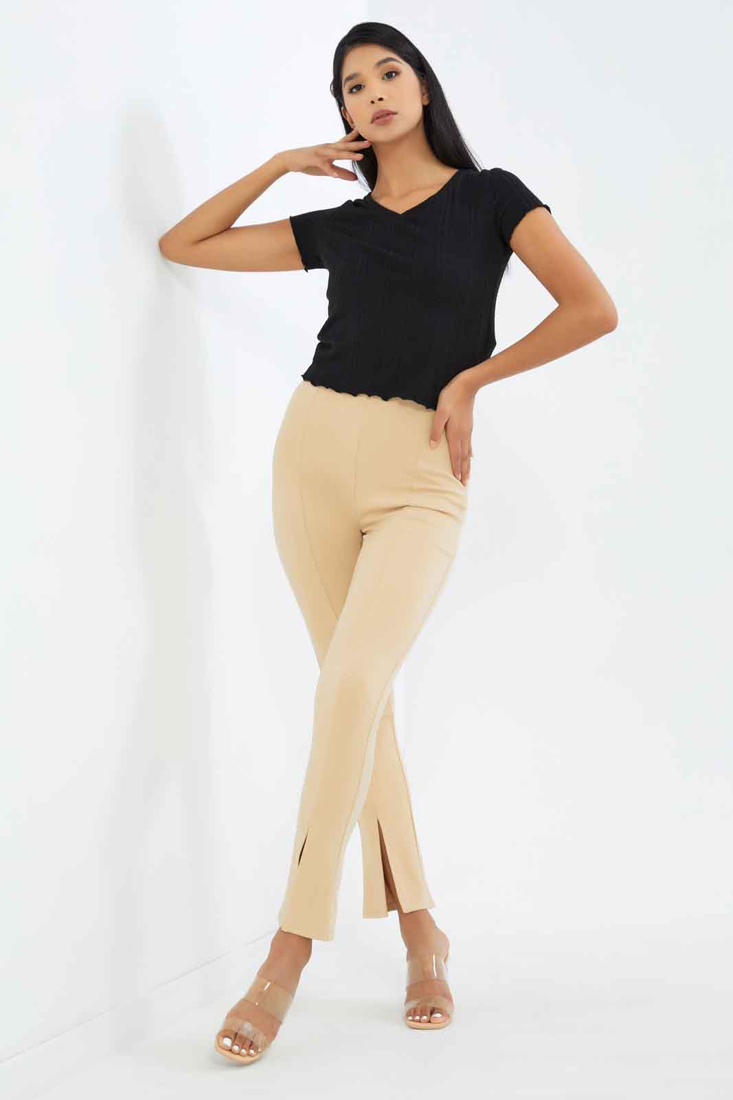 Women Beige High-Waist Straight Fit Trouser