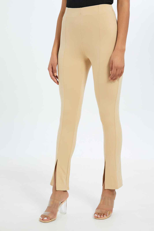 Women Beige High-Waist Straight Fit Trouser