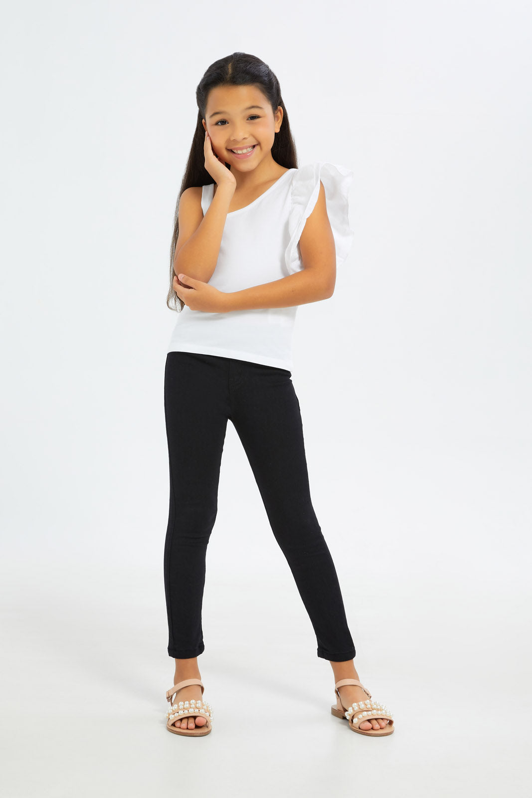 Redtag-Girls-Ruffle-1-Shoulder-Jersey-Top---White-Category:Jackets,-Colour:White,-Deals:New-In,-Filter:Girls-(2-to-8-Yrs),-GIR-Jackets,-H1:KWR,-H2:GIR,-H3:JYT,-H4:CJT,-New-In-GIR-APL,-Non-Sale,-S23C,-Season:S23C,-Section:Girls-(0-to-14Yrs)--