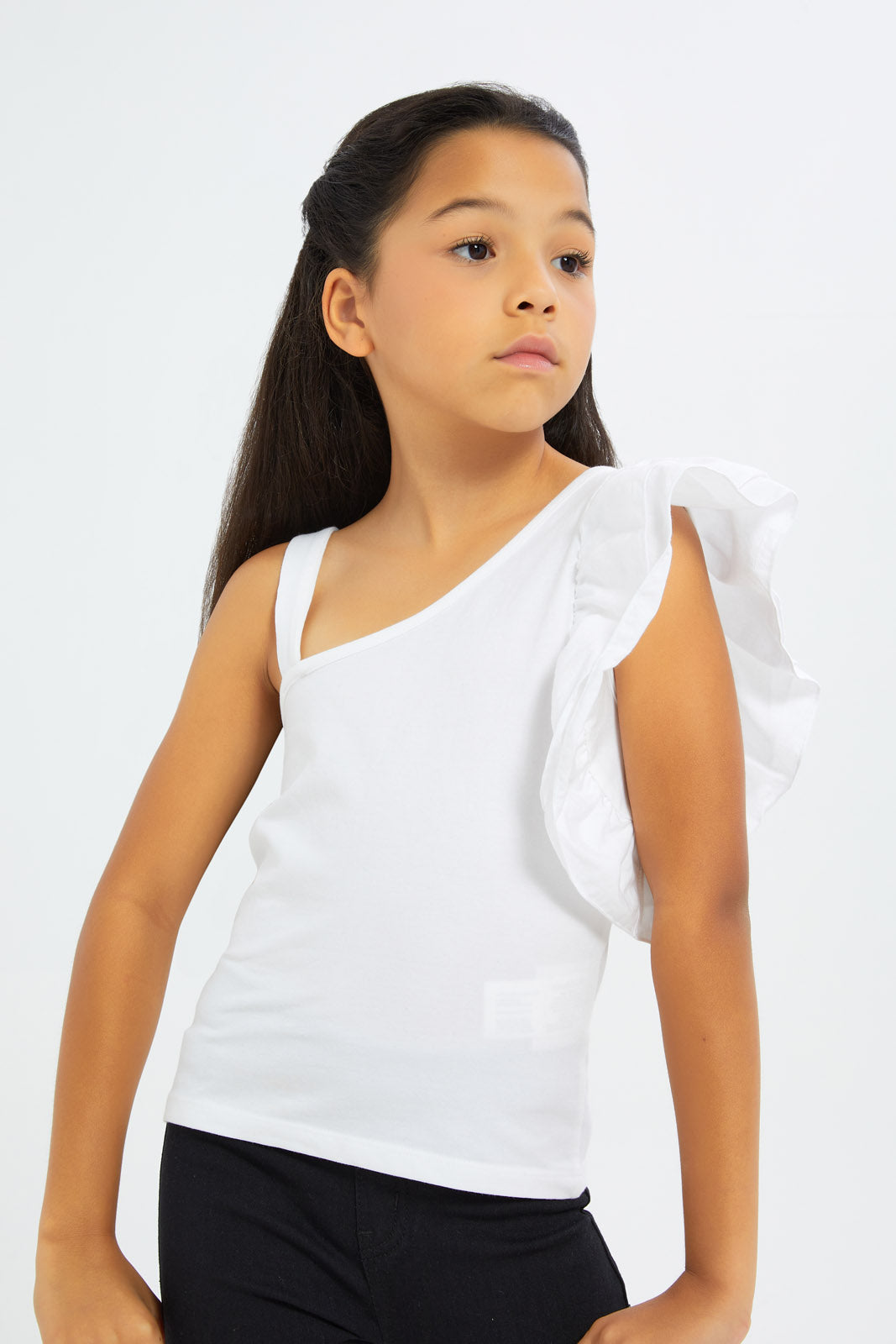 Redtag-Girls-Ruffle-1-Shoulder-Jersey-Top---White-Category:Jackets,-Colour:White,-Deals:New-In,-Filter:Girls-(2-to-8-Yrs),-GIR-Jackets,-H1:KWR,-H2:GIR,-H3:JYT,-H4:CJT,-New-In-GIR-APL,-Non-Sale,-S23C,-Season:S23C,-Section:Girls-(0-to-14Yrs)--