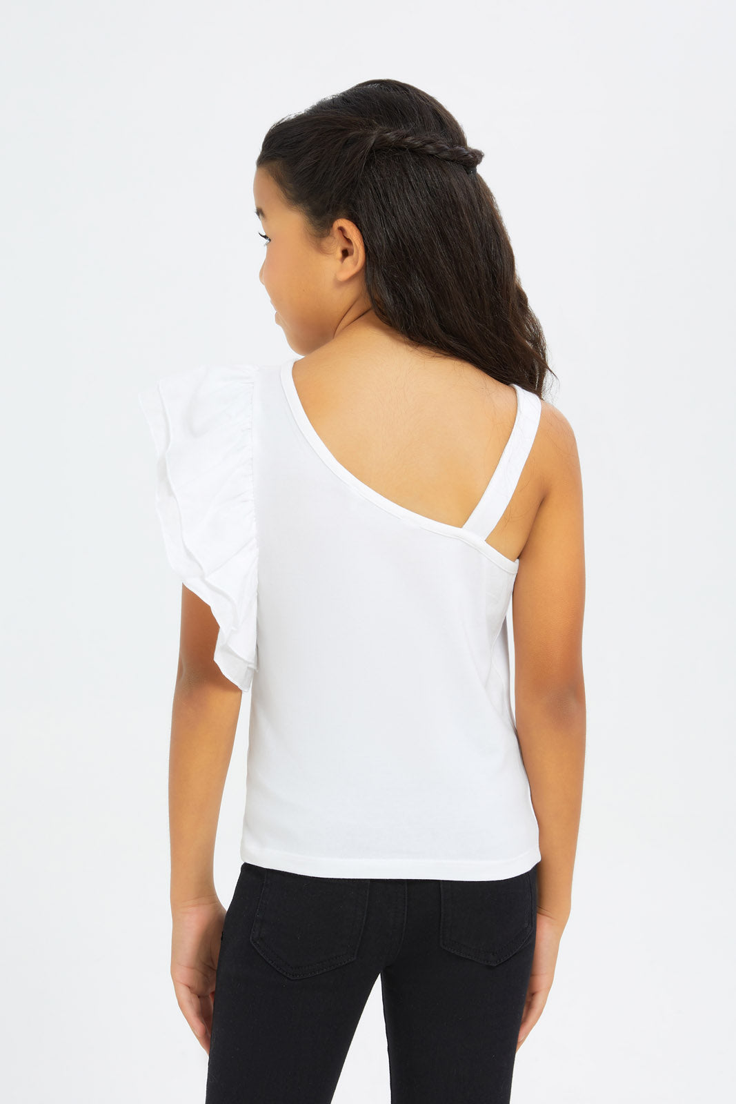 Redtag-Girls-Ruffle-1-Shoulder-Jersey-Top---White-Category:Jackets,-Colour:White,-Deals:New-In,-Filter:Girls-(2-to-8-Yrs),-GIR-Jackets,-H1:KWR,-H2:GIR,-H3:JYT,-H4:CJT,-New-In-GIR-APL,-Non-Sale,-S23C,-Season:S23C,-Section:Girls-(0-to-14Yrs)--