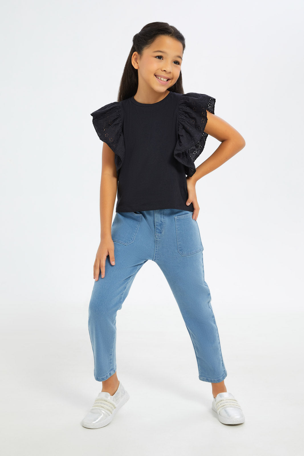 Redtag-Girls-Anglaise-Sleeve-Jersey-Top-Category:Jackets,-Colour:Black,-Deals:New-In,-Filter:Girls-(2-to-8-Yrs),-GIR-Jackets,-H1:KWR,-H2:GIR,-H3:JYT,-H4:CJT,-New-In-GIR-APL,-Non-Sale,-S23C,-Season:S23C,-Section:Girls-(0-to-14Yrs)--