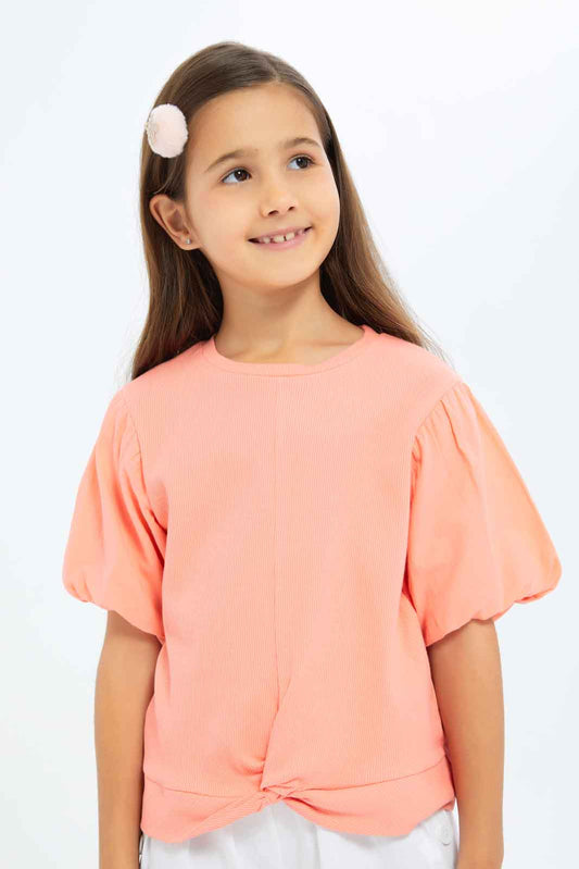 Redtag-Girls-Knot-Detail-Jersey-Top---Coral-Category:Jackets,-Colour:Apricot,-Deals:New-In,-Filter:Girls-(2-to-8-Yrs),-GIR-Jackets,-New-In-GIR-APL,-Non-Sale,-S23B,-Section:Girls-(0-to-14Yrs)--
