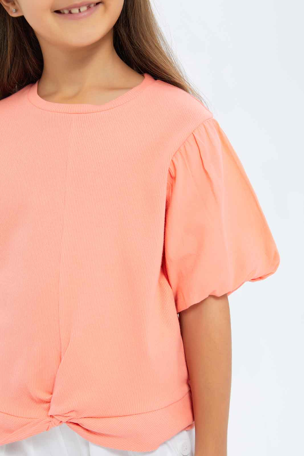 Redtag-Girls-Knot-Detail-Jersey-Top---Coral-Category:Jackets,-Colour:Apricot,-Deals:New-In,-Filter:Girls-(2-to-8-Yrs),-GIR-Jackets,-New-In-GIR-APL,-Non-Sale,-S23B,-Section:Girls-(0-to-14Yrs)--