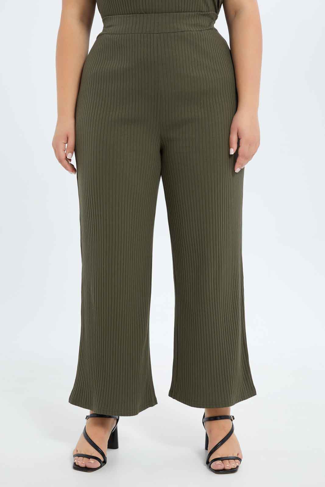 Redtag-Women-Olive-Wide-Leg-Rib-Trousers-Category:Trousers,-Colour:Olive,-Deals:New-In,-Filter:Plus-Size,-LDP-Trousers,-New-In-LDP-APL,-Non-Sale,-S23B,-Section:Women-Women's-