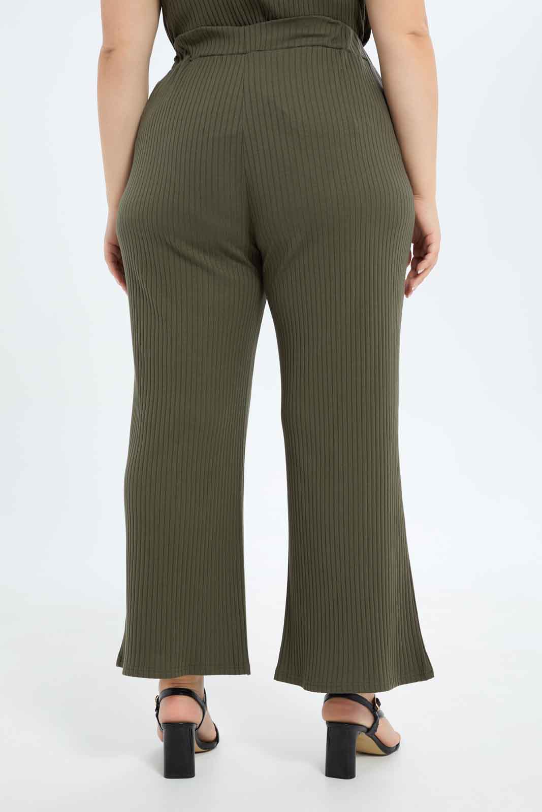 Redtag-Women-Olive-Wide-Leg-Rib-Trousers-Category:Trousers,-Colour:Olive,-Deals:New-In,-Filter:Plus-Size,-LDP-Trousers,-New-In-LDP-APL,-Non-Sale,-S23B,-Section:Women-Women's-