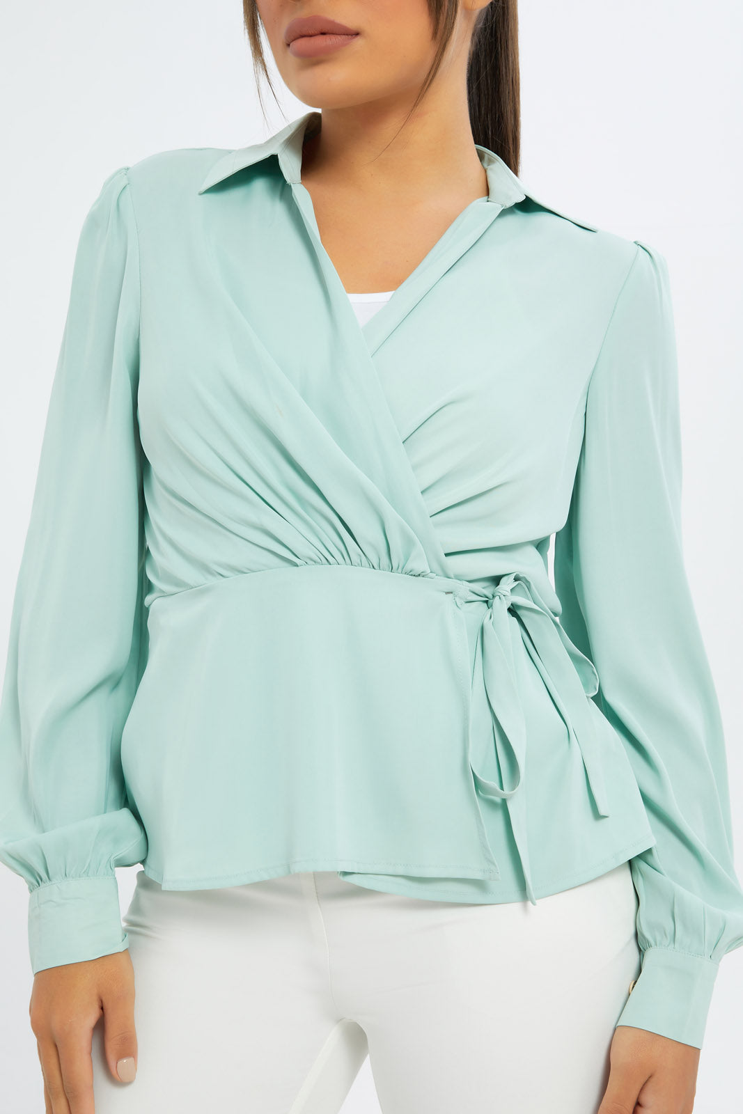 Redtag-Women-Sage-Satin-Wrap-Blouse-Category:Blouses,-Colour:Green,-Deals:New-In,-Event:EID,-Filter:Women's-Clothing,-H1:LWR,-H2:LAD,-H3:BLO,-H4:CBL,-New-In-Women-APL,-Non-Sale,-Promo:EID,-RMD,-S23C,-Season:S23D,-Section:Women,-Women-Blouses-Women's-