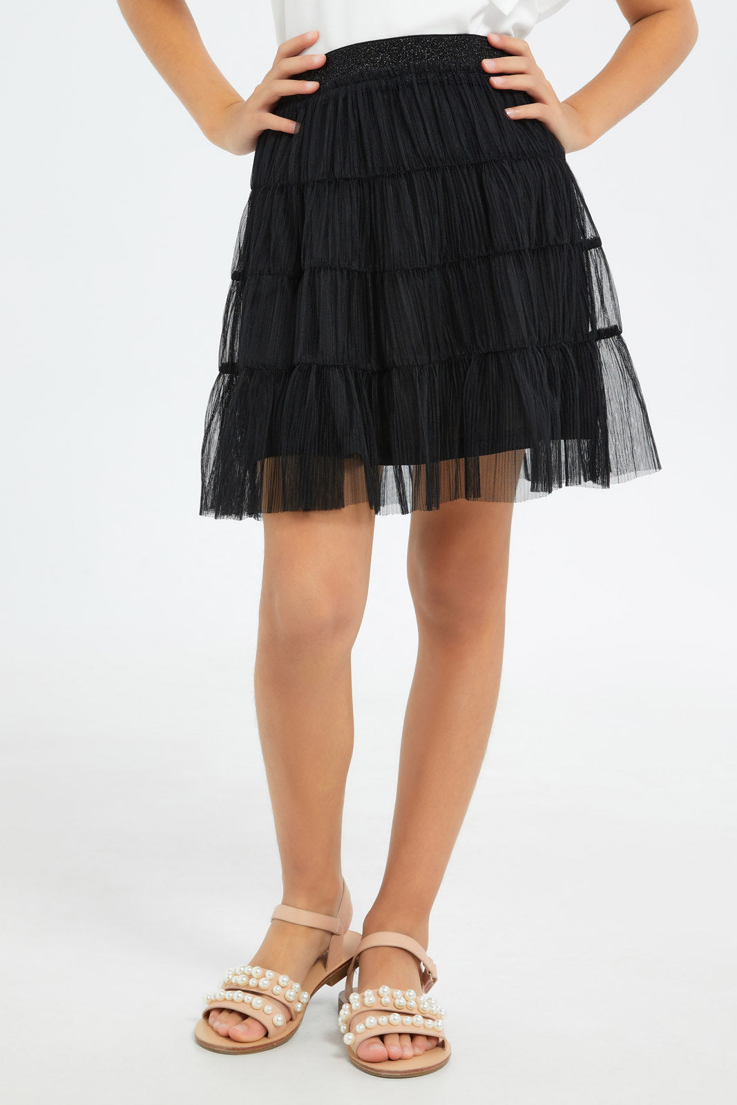 Redtag-Girls-Black-Mesh-Tiered-Skirt-Category:Skirts,-Colour:Black,-Deals:New-In,-Filter:Girls-(2-to-8-Yrs),-GIR-Skirts,-H1:KWR,-H2:GIR,-H3:SKT,-H4:CAK,-New-In-GIR-APL,-Non-Sale,-RMD,-S23C,-Season:S23C,-Section:Girls-(0-to-14Yrs)-Girls-2 to 8 Years