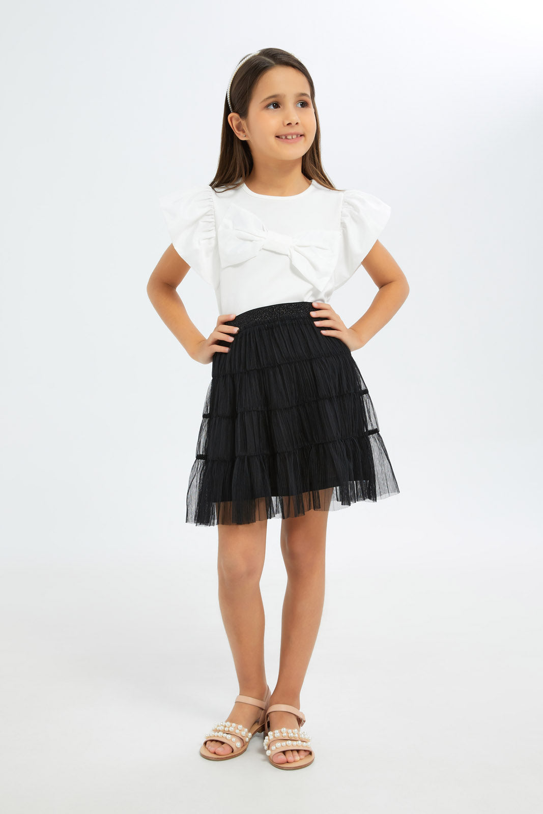 Redtag-Girls-Black-Mesh-Tiered-Skirt-Category:Skirts,-Colour:Black,-Deals:New-In,-Filter:Girls-(2-to-8-Yrs),-GIR-Skirts,-H1:KWR,-H2:GIR,-H3:SKT,-H4:CAK,-New-In-GIR-APL,-Non-Sale,-RMD,-S23C,-Season:S23C,-Section:Girls-(0-to-14Yrs)-Girls-2 to 8 Years