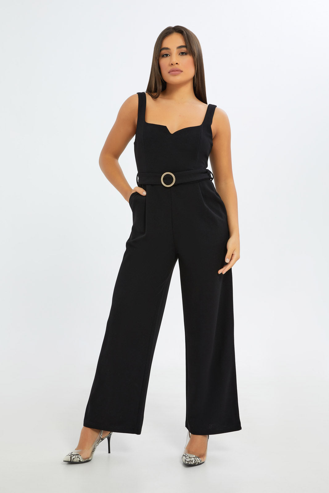 Redtag-Women-Black-Buckle-Detail-Jumpsuit-Category:Dresses,-Colour:Black,-Deals:New-In,-Event:RMD,-Filter:Women's-Clothing,-H1:LWR,-H2:LAD,-H3:DRS,-H4:CAD,-New-In-Women-APL,-Non-Sale,-Occasion:Party-Dress,-Promo:RMD,-RMD,-S23C,-Season:S23C,-Section:Women,-Women-DressesDress-Size:Maxi-Dress-Women's-